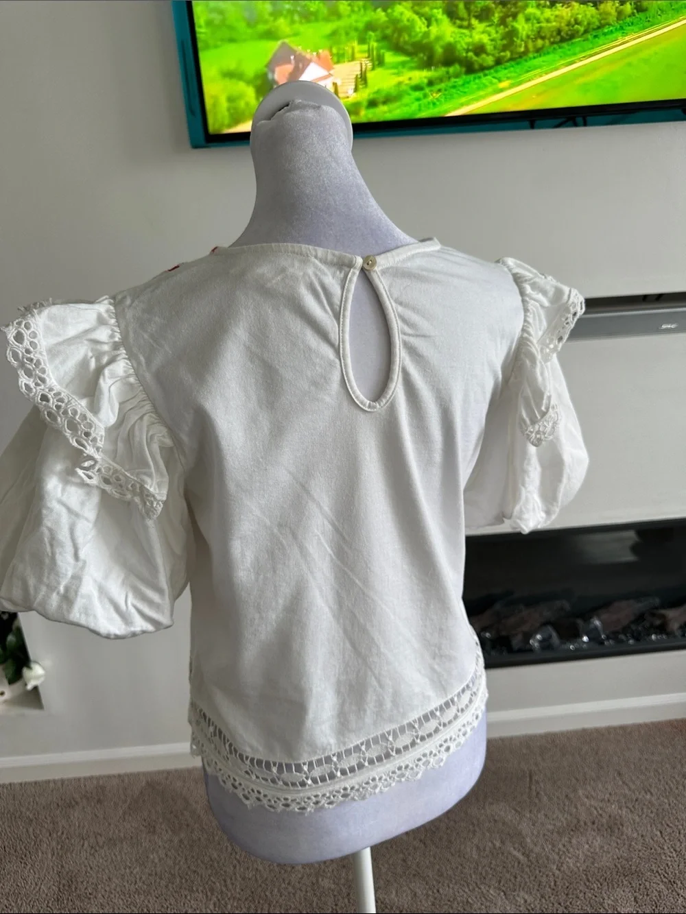 Anthropologie White Eyelet Blouse with Red Embroidery